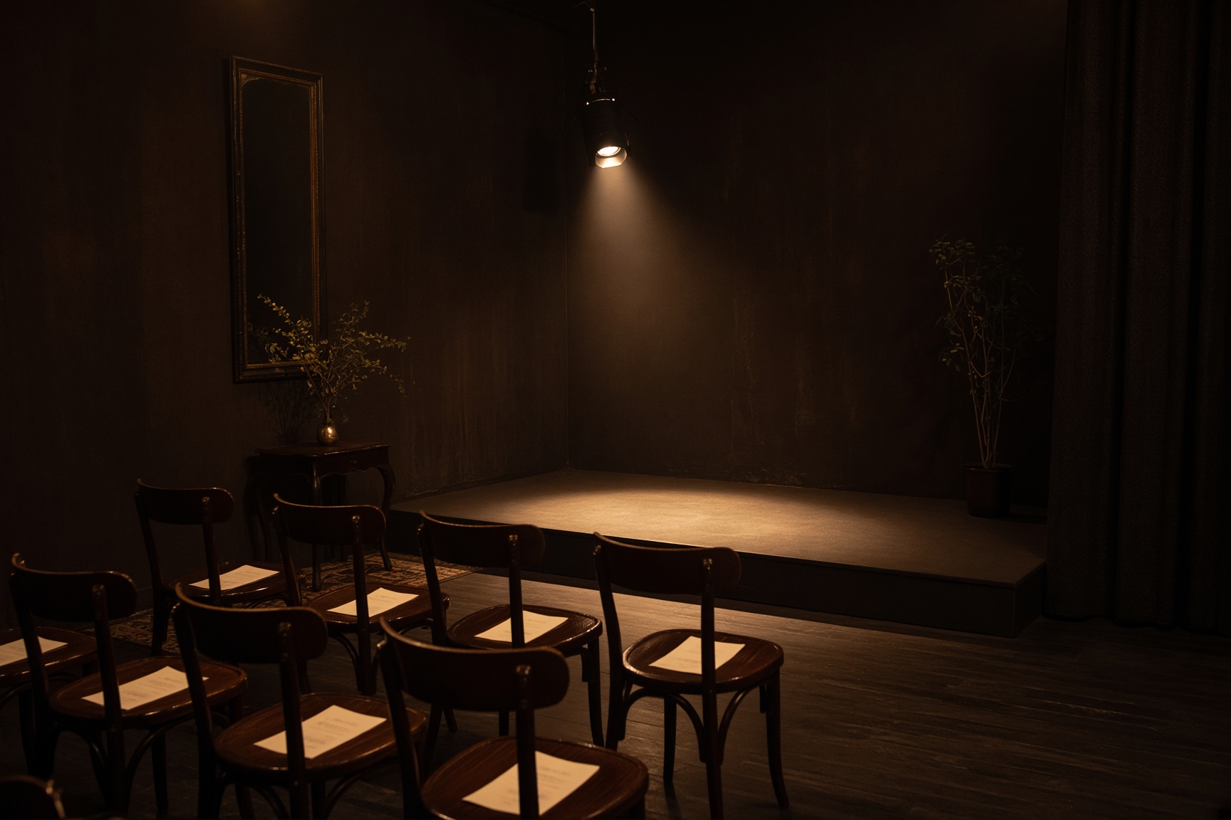 Bentwood chairs in a dim salon facing a single spotlight.